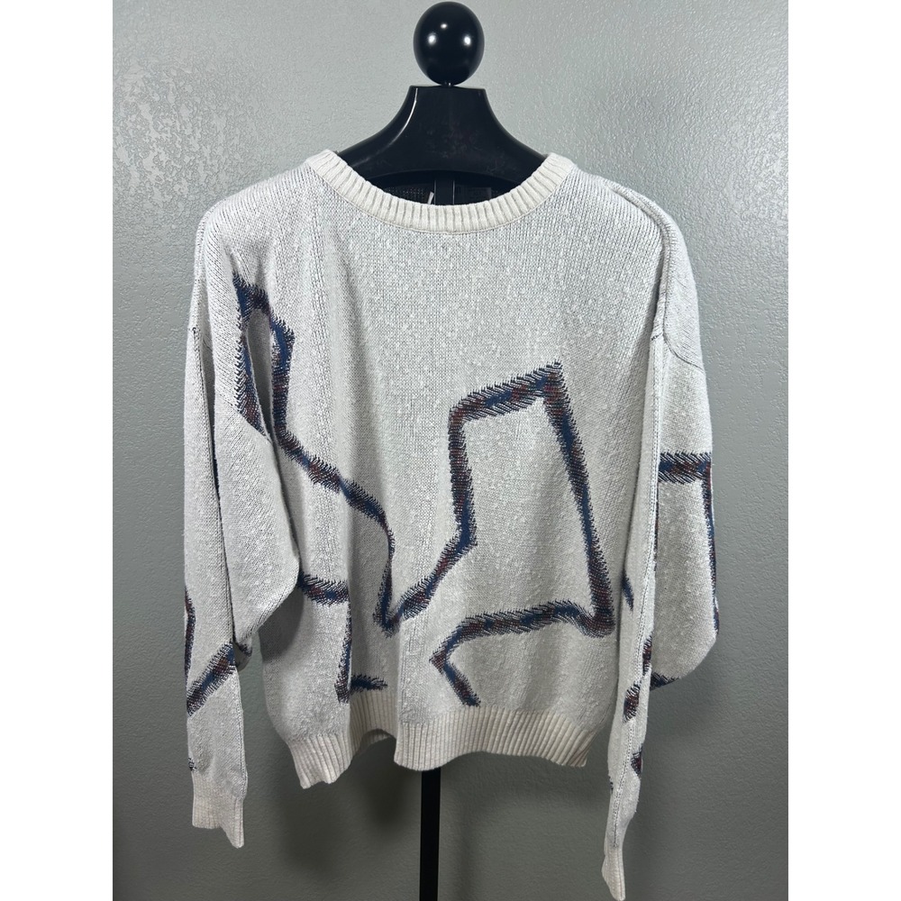 Vintage Abstract Geometric Knit Sweater Mens Cream Blue Red Crewneck Grandpa XL